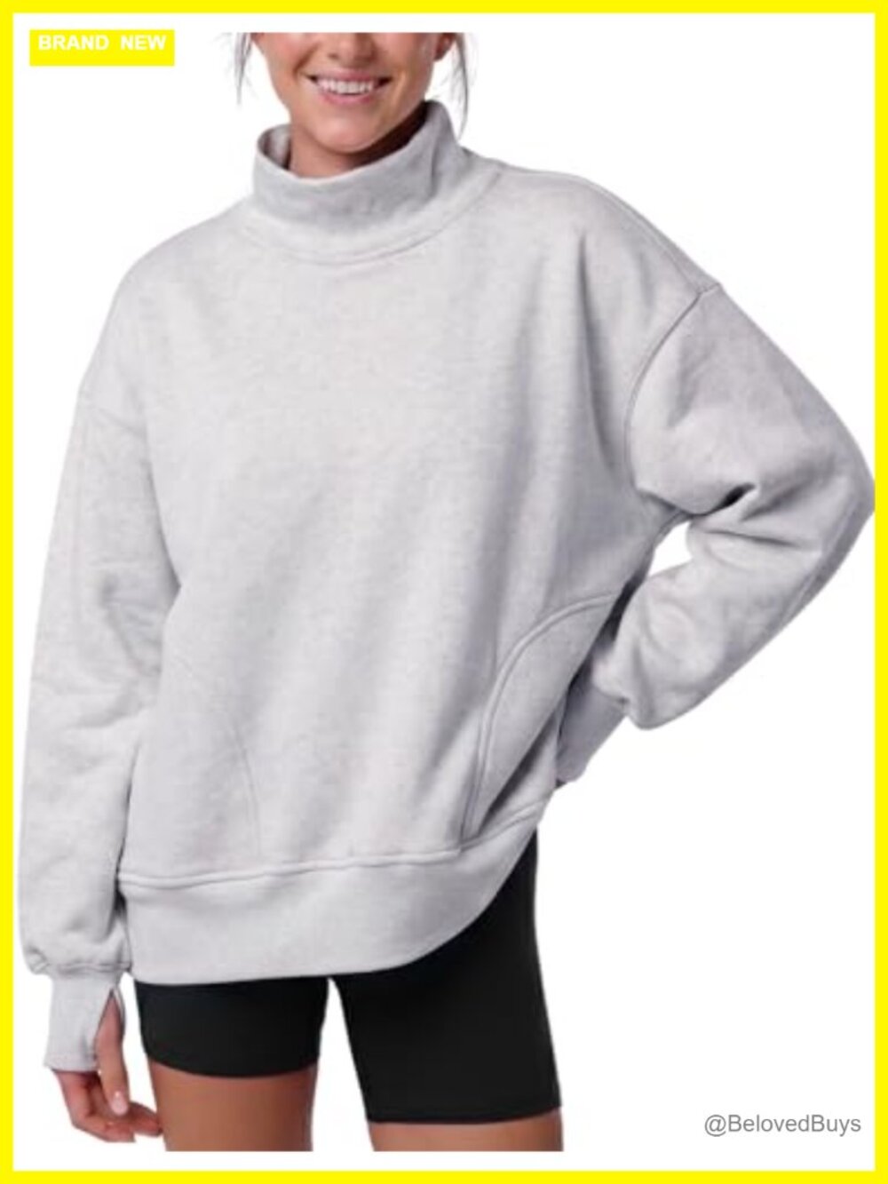 Womens Mock Neck Oversized Sweatshirt Fleece Lined Pullover Cotton Blend